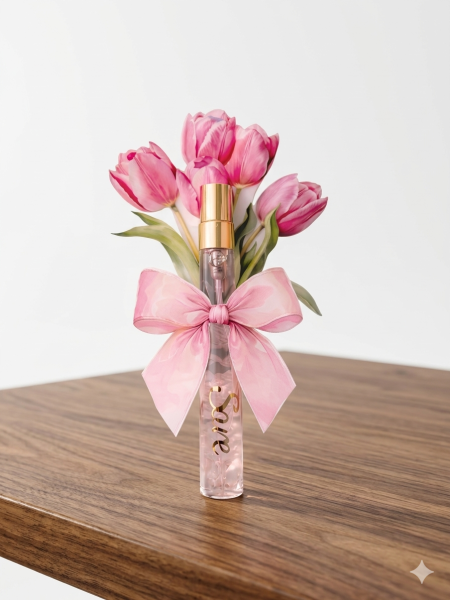 عطر مع بطاقة على شكب الباقة مع اسم